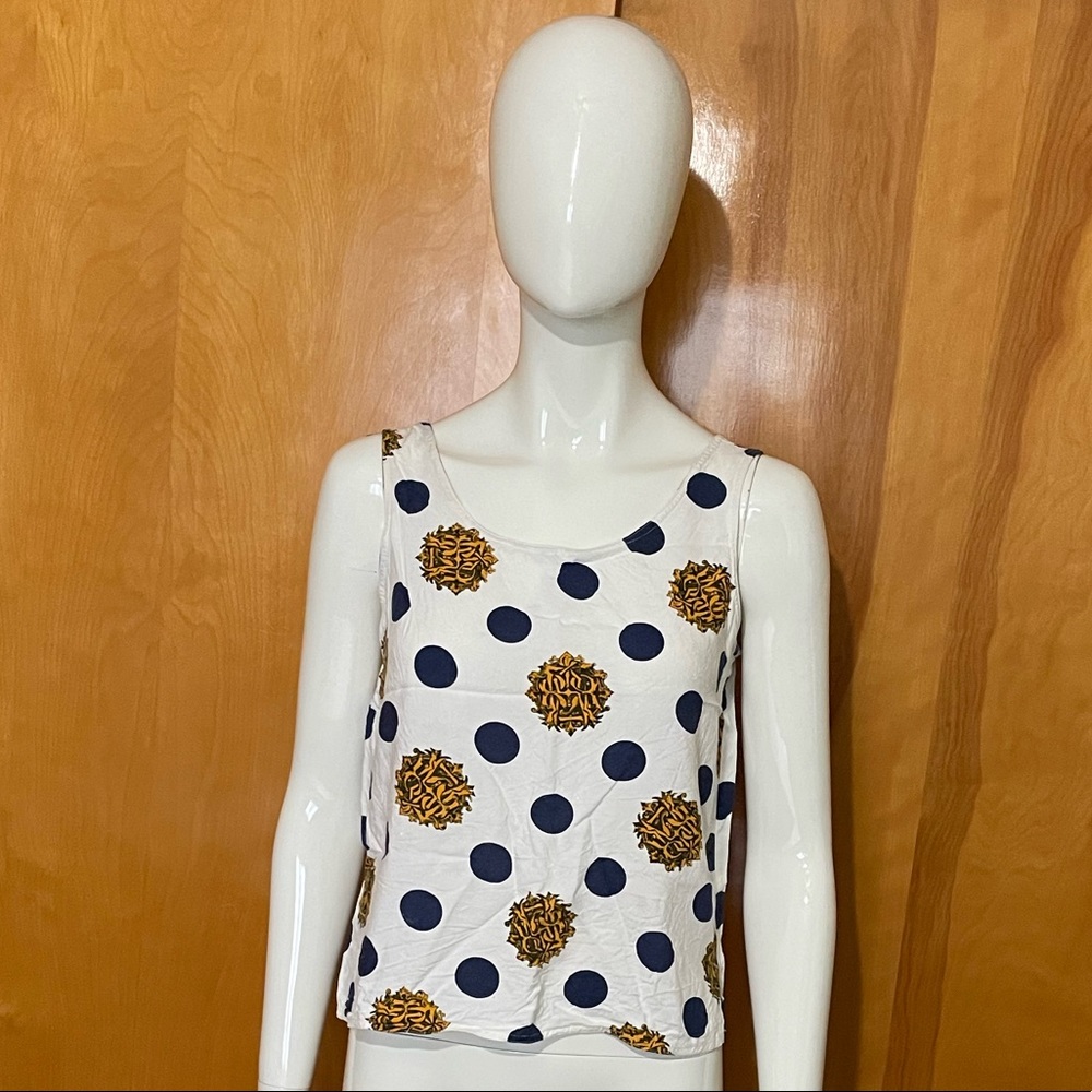 Vintage 80s Sudden Impact Polka Dot Tank White Blue Gold